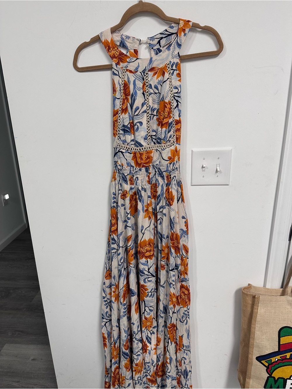 Anthropologie Sleeveless Floral Maxi Dress in Light Blue with Orange Bloom - Picture 3 of 7